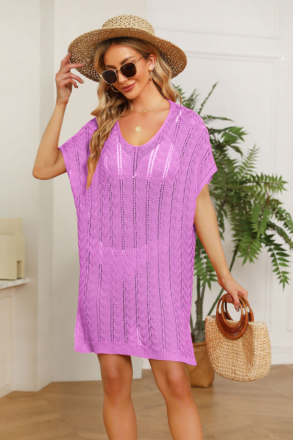 Openwork Short Sleeve Slit Knit Cover Up