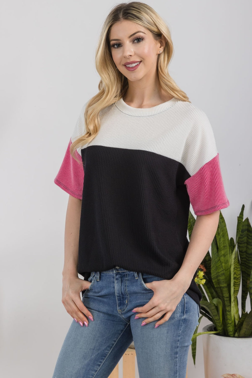 Celeste Full Size Ribbed Color Block T-Shirt