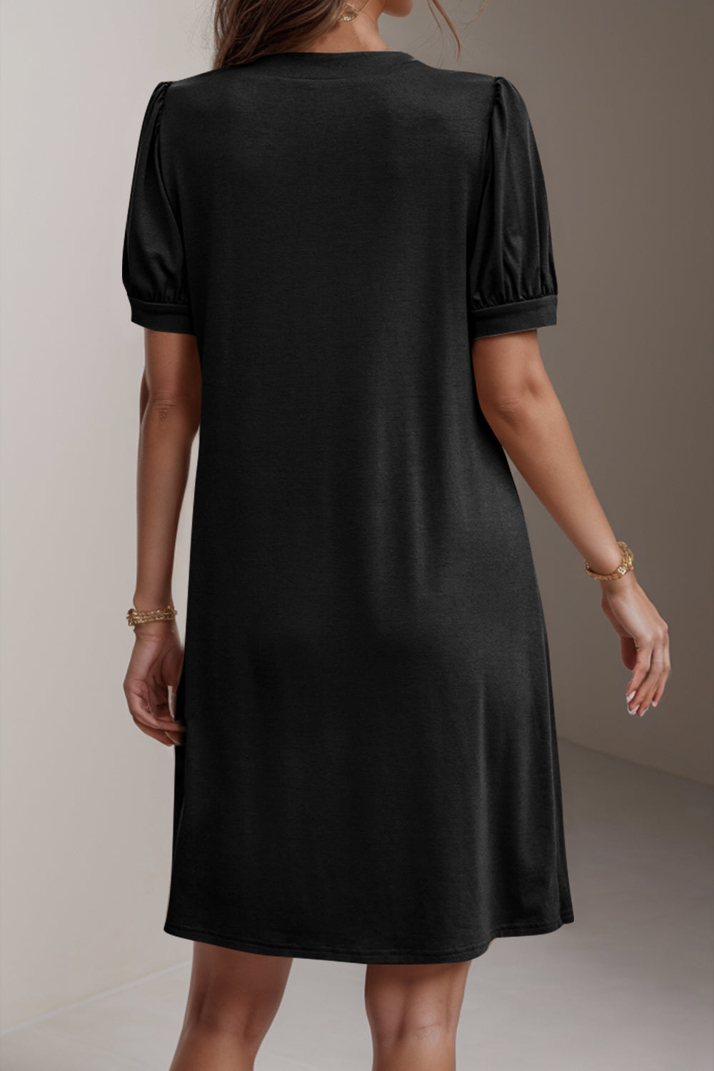 Pin-Tuck Notched Short Sleeve Dress