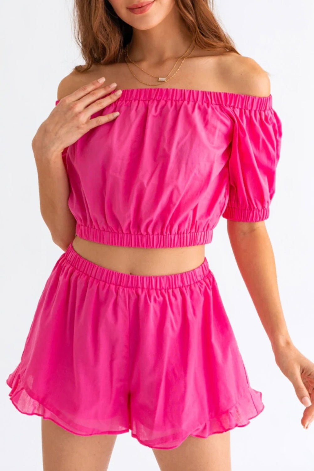 LE LIS Off Shoulder Crop Top and Ruffled Shorts Set