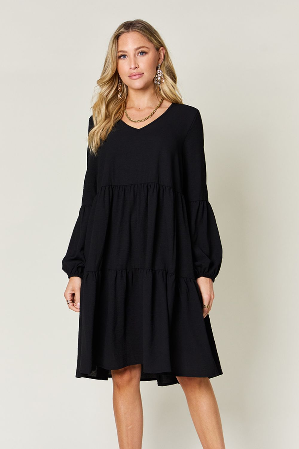 Double Take Full Size V-Neck Balloon Sleeve Tiered Dress