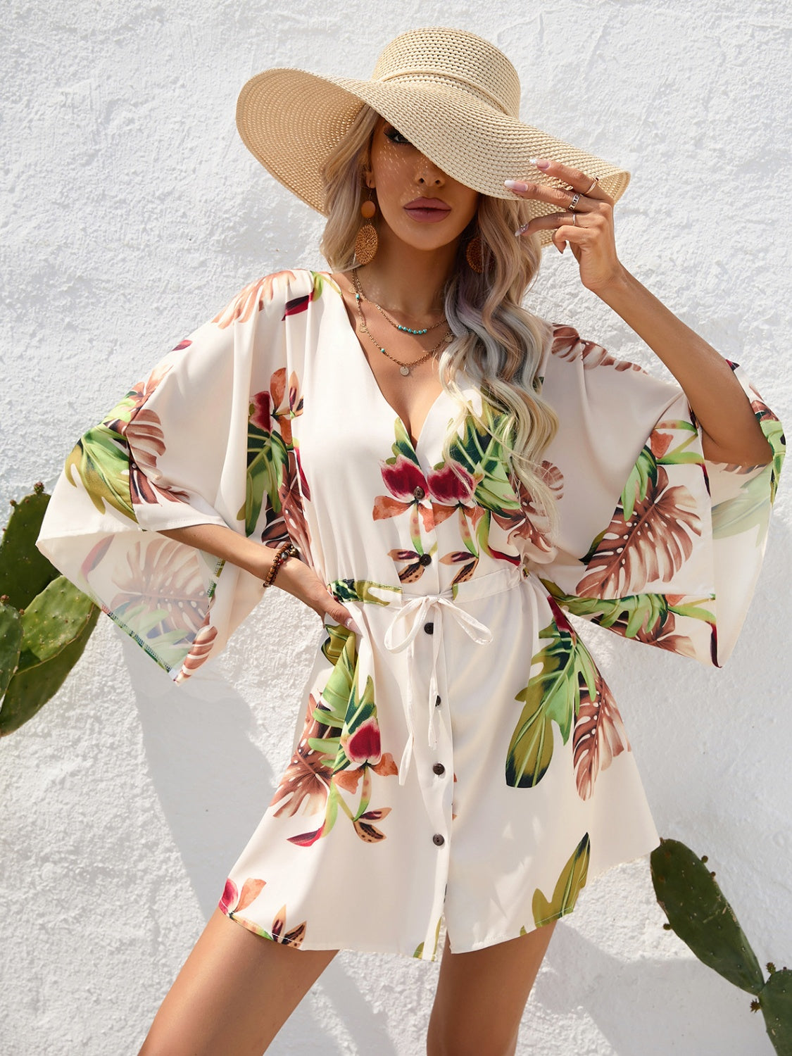 Tied Button Up Printed Three-Quarter Sleeve Dress