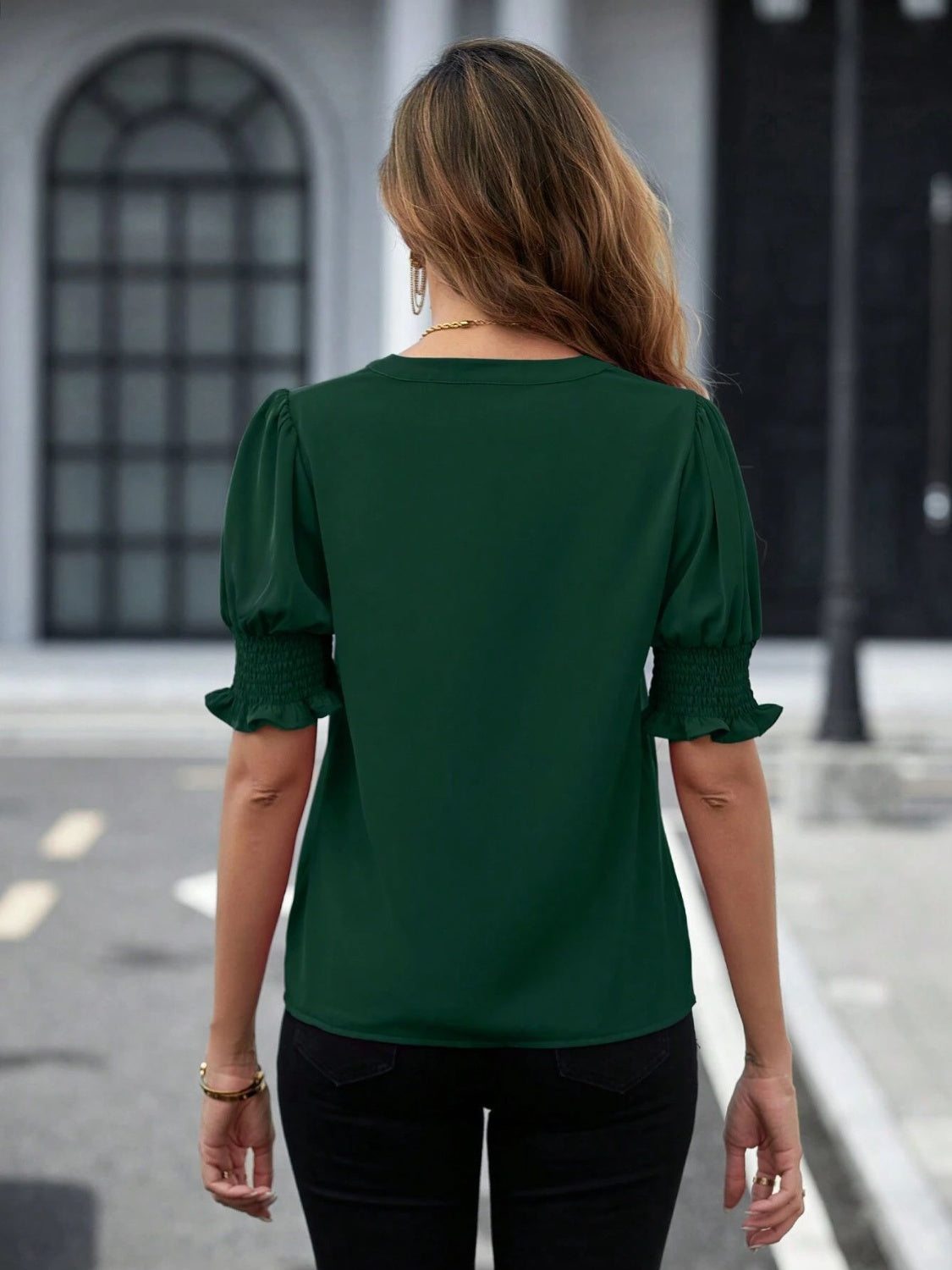 Notched Short Sleeve Blouse