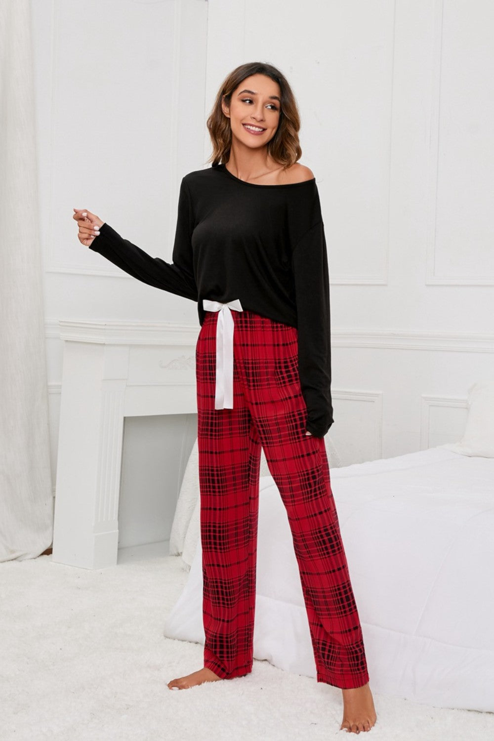 Round Neck Long Sleeve Top and Bow Plaid Pants Lounge Set