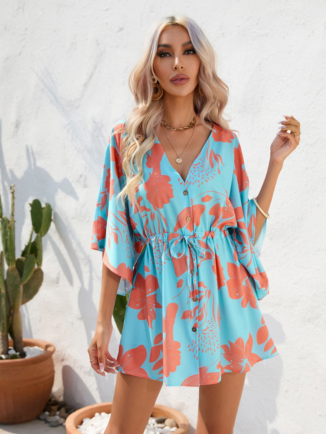 Tied Button Up Printed Three-Quarter Sleeve Dress