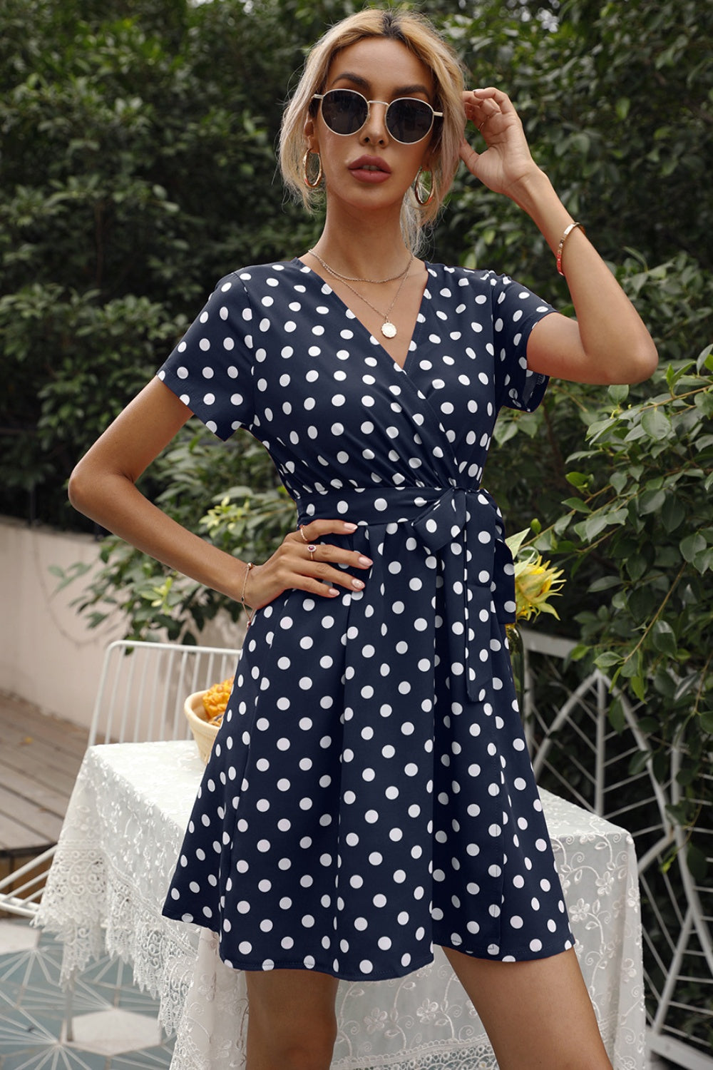 Tied Polka Dot Short Sleeve Mini Dress