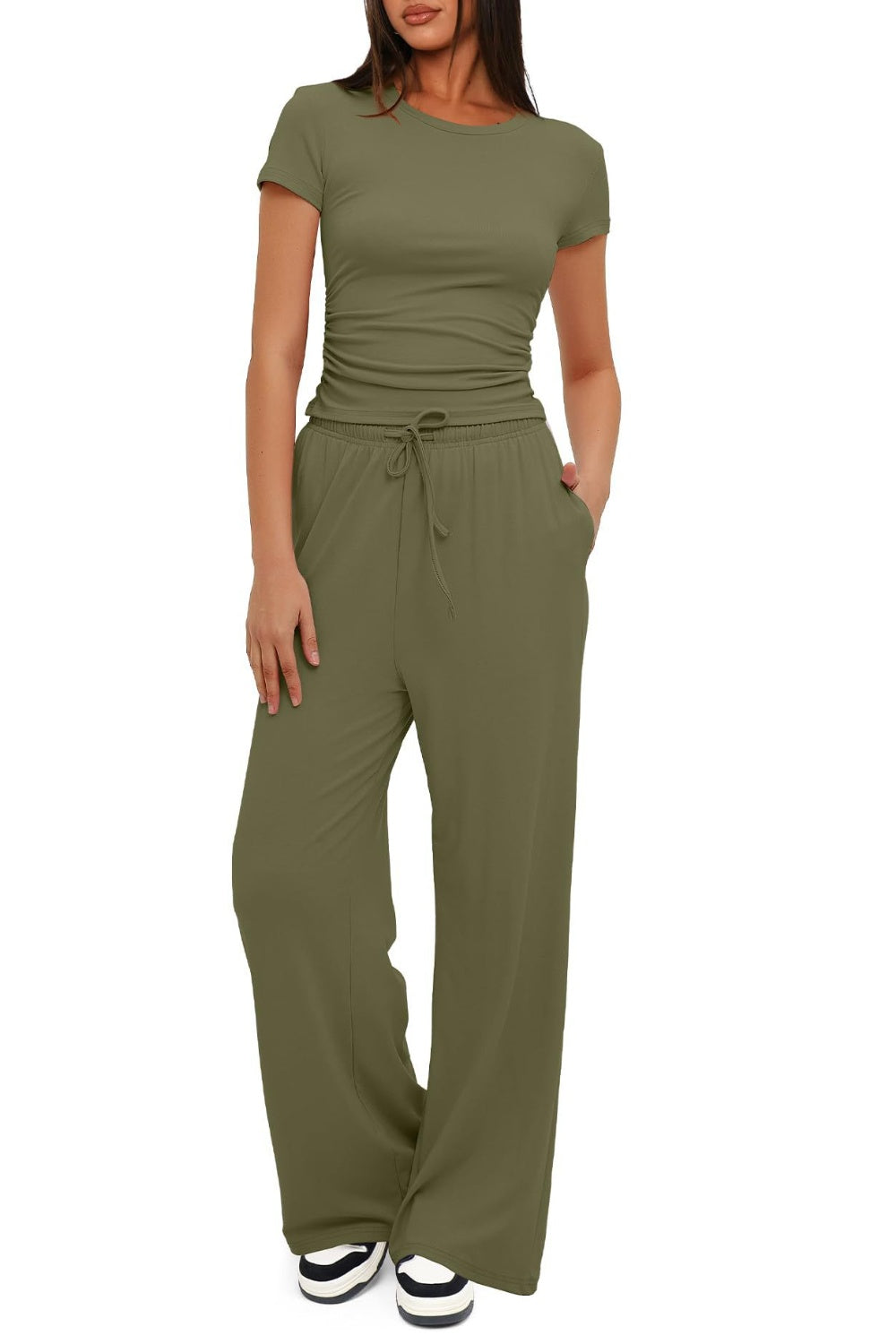 Round Neck Short Sleeve Top and Pants Set