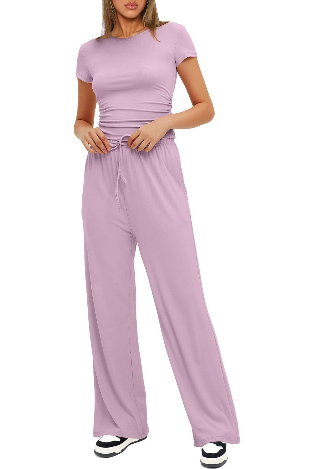 Round Neck Short Sleeve Top and Pants Set