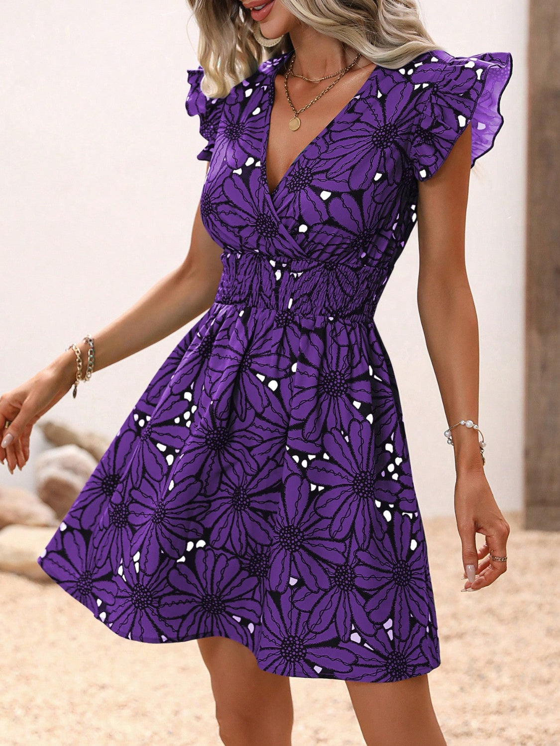 Ruffled Printed Cap Sleeve Mini Dress