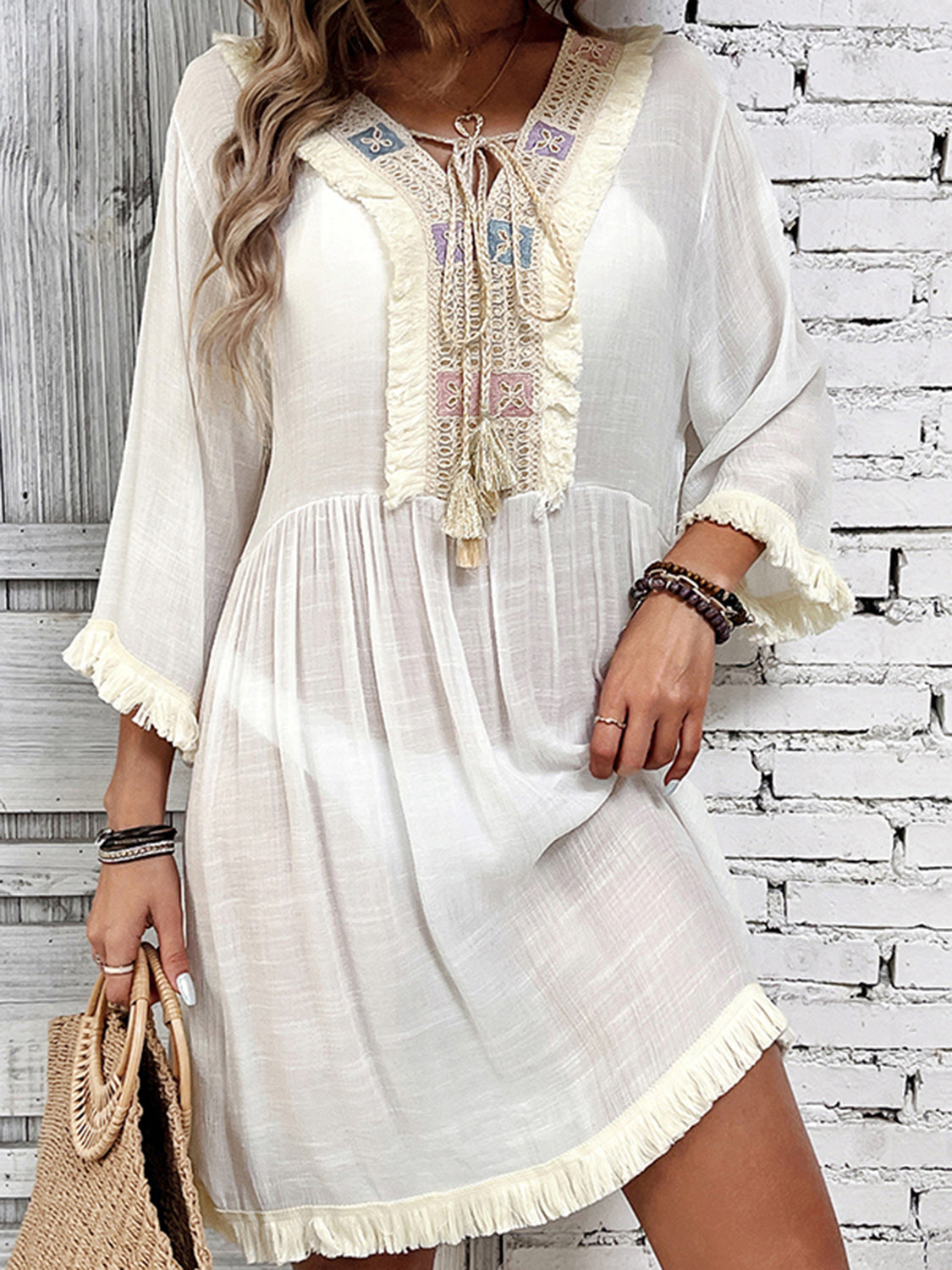 Fringe Tie Neck Three-Quarter Sleeve Cover Up