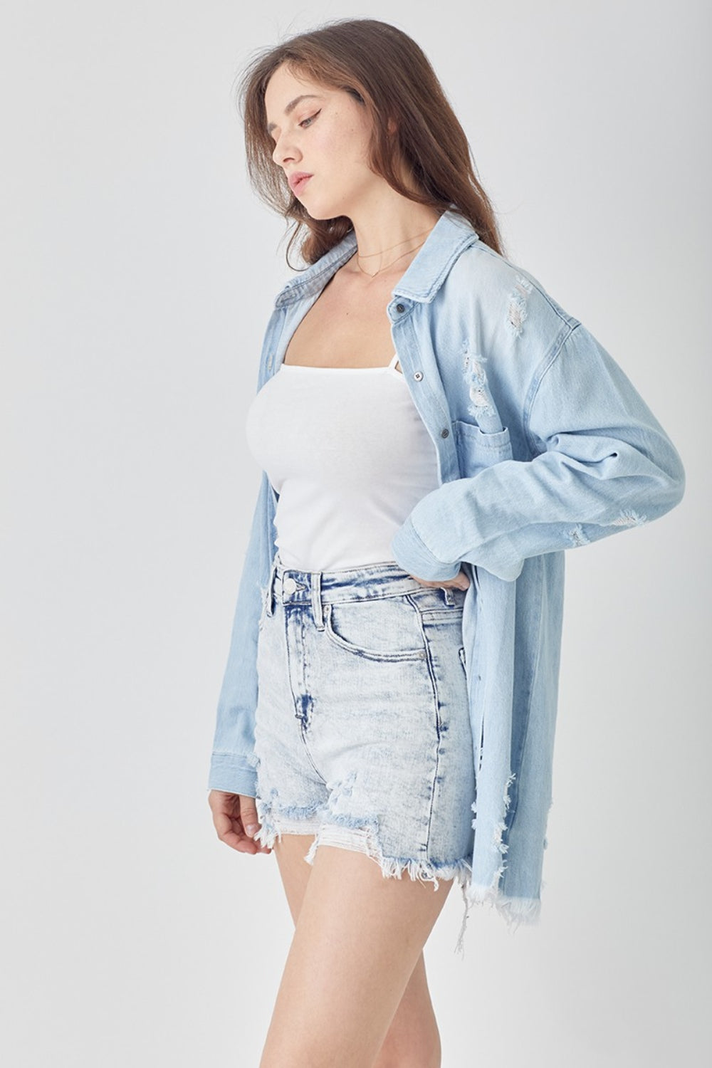 RISEN Raw Hem Distressed High Rise Denim Shorts