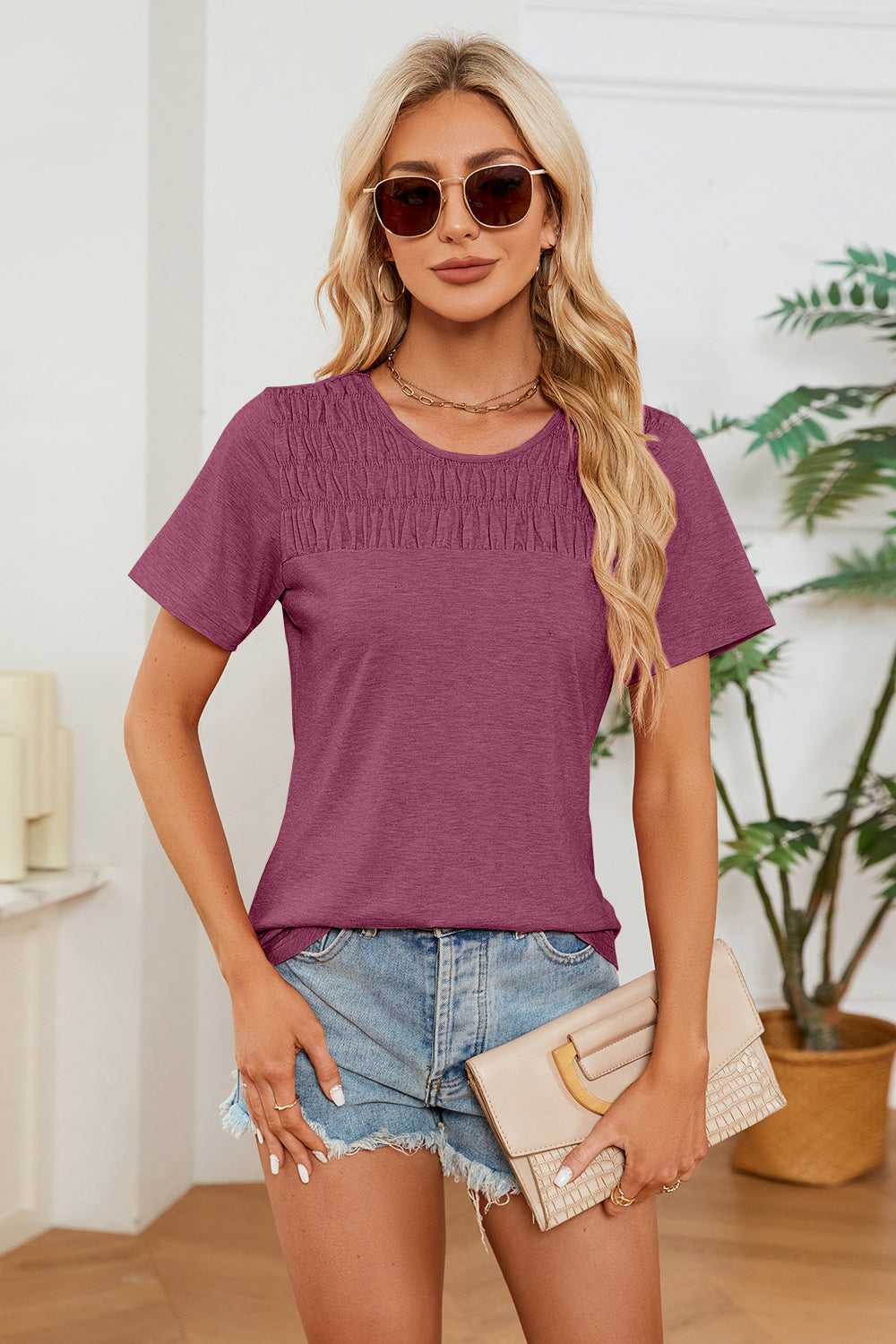 Ruched Round Neck Short Sleeve T-Shirt