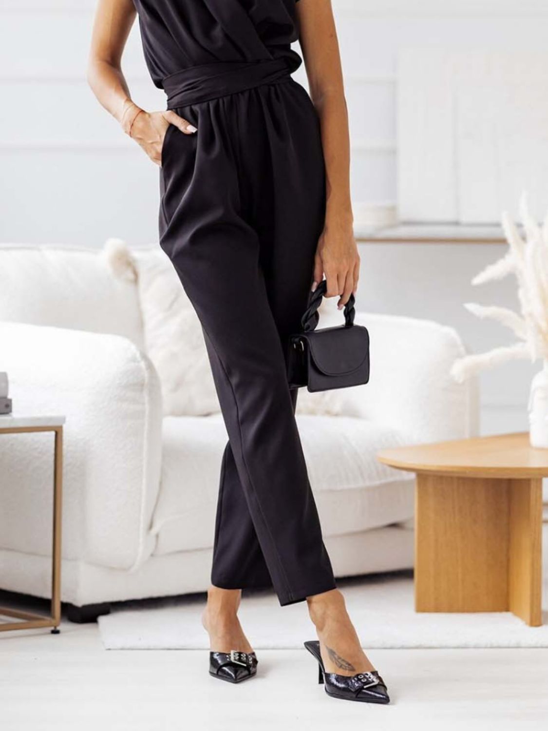 Ruched Tied Surplice Short Sleeve Jumpsuit