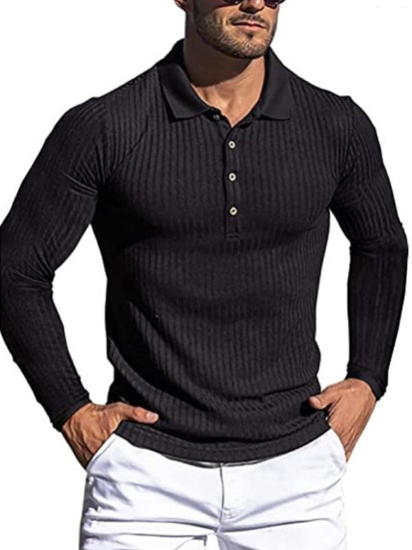 New Men's High Elastic Vertical Strip Long Sleeve POLO Shirt Slim Knit Bottom Shirt Polo Shirt