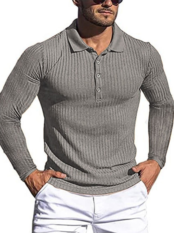 New Men's High Elastic Vertical Strip Long Sleeve POLO Shirt Slim Knit Bottom Shirt Polo Shirt