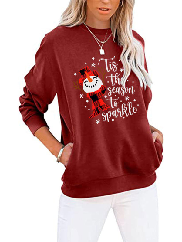 Christmas Snowman Crew Neck Pocket Bat Long Sleeve Top