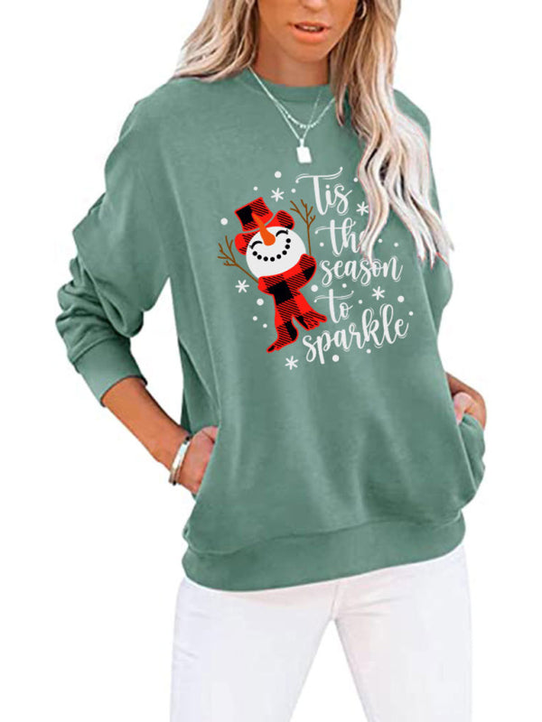 Christmas Snowman Crew Neck Pocket Bat Long Sleeve Top