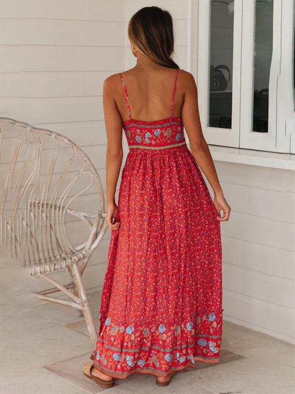 Summer new big swing skirt Bohemian V-neck suspender floral dress