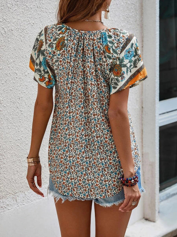 Women's casual ethnic style printed V-neck short-sleeved loose shirt