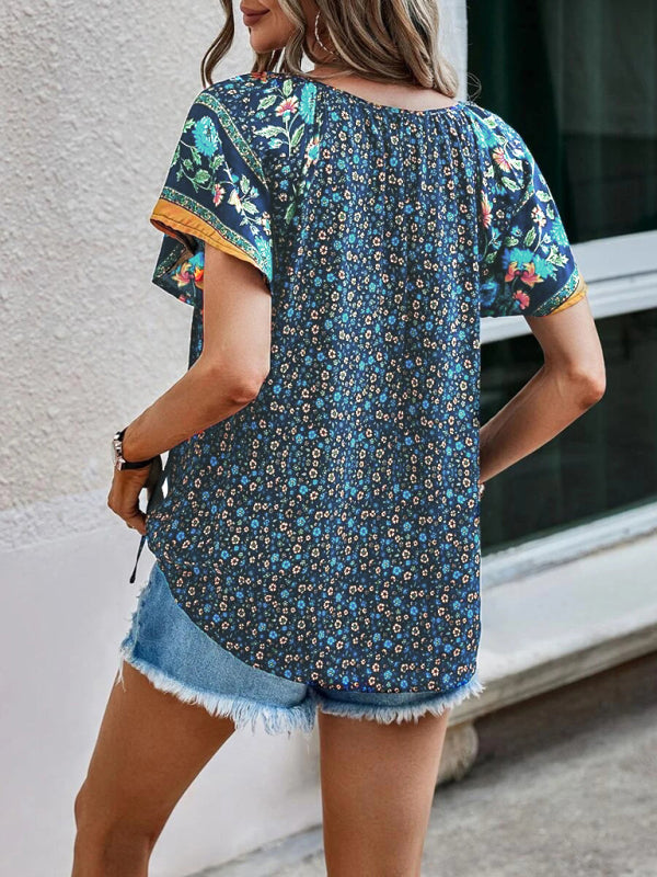 Women's casual ethnic style printed V-neck short-sleeved loose shirt