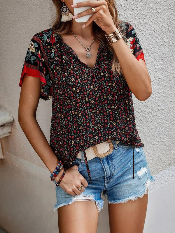 Women's casual ethnic style printed V-neck short-sleeved loose shirt