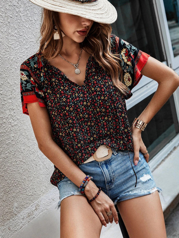 Women's casual ethnic style printed V-neck short-sleeved loose shirt