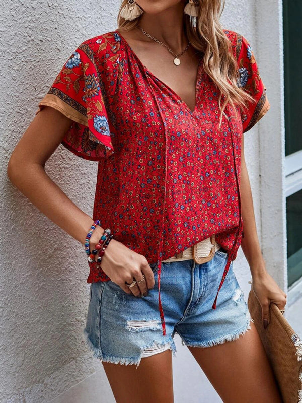 Women's casual ethnic style printed V-neck short-sleeved loose shirt