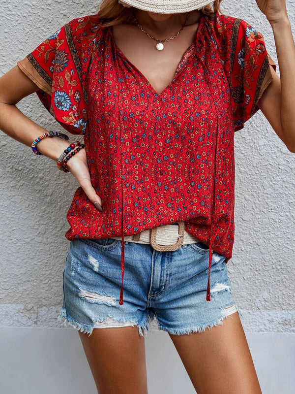 Women's casual ethnic style printed V-neck short-sleeved loose shirt