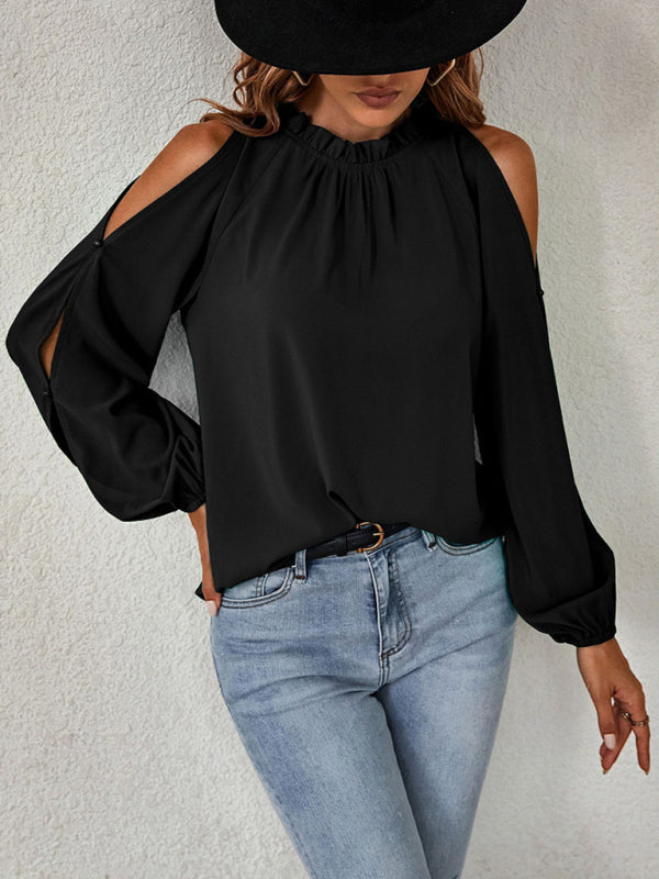 New Women's Ruffle Round Neck Long Sleeve Gathered Strapless Fashion Top