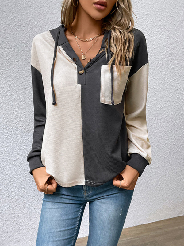 New women's long-sleeved contrast color hooded sweater