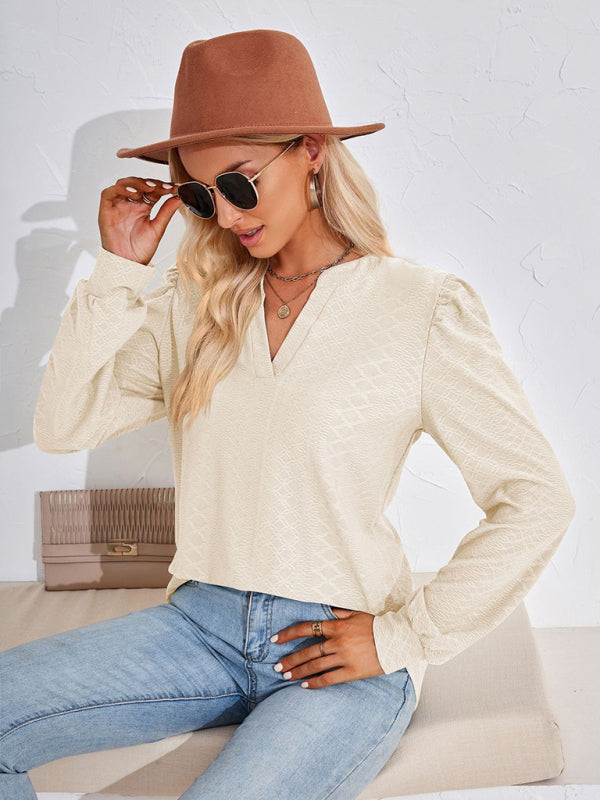 V Neck Jacquard Long Sleeve Loose T-Shirt Top Ladies