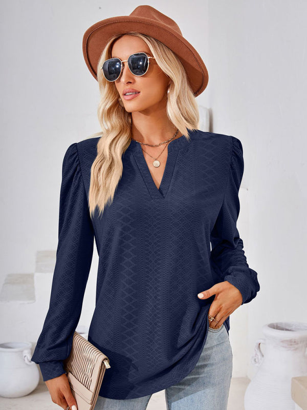 V Neck Jacquard Long Sleeve Loose T-Shirt Top Ladies