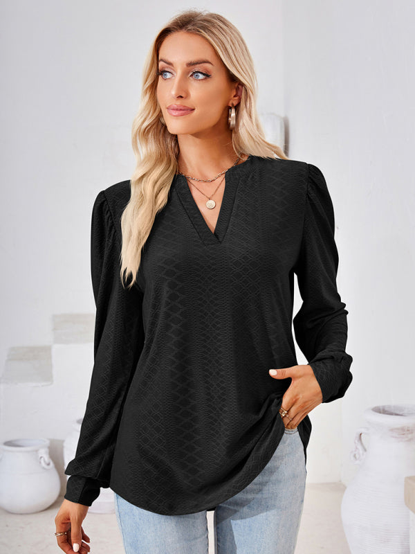 V Neck Jacquard Long Sleeve Loose T-Shirt Top Ladies