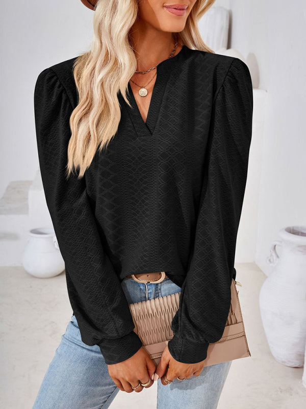 V Neck Jacquard Long Sleeve Loose T-Shirt Top Ladies