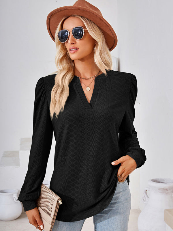 V Neck Jacquard Long Sleeve Loose T-Shirt Top Ladies