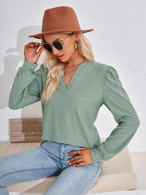 V Neck Jacquard Long Sleeve Loose T-Shirt Top Ladies