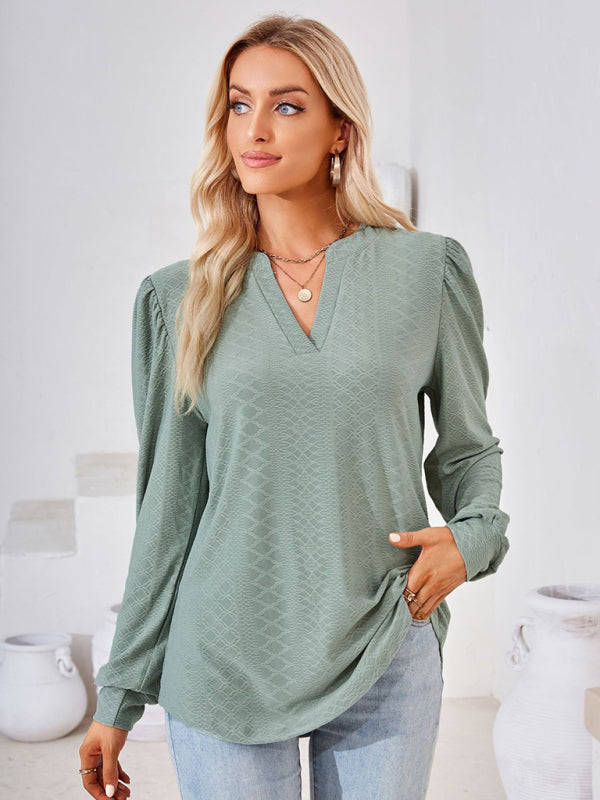 V Neck Jacquard Long Sleeve Loose T-Shirt Top Ladies