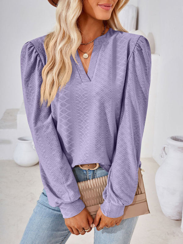 V Neck Jacquard Long Sleeve Loose T-Shirt Top Ladies