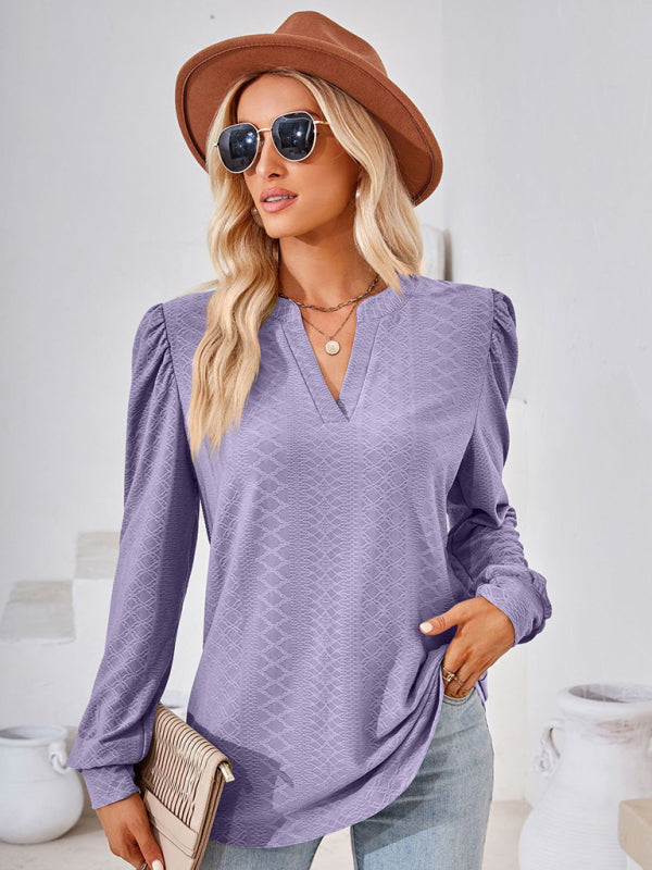 V Neck Jacquard Long Sleeve Loose T-Shirt Top Ladies