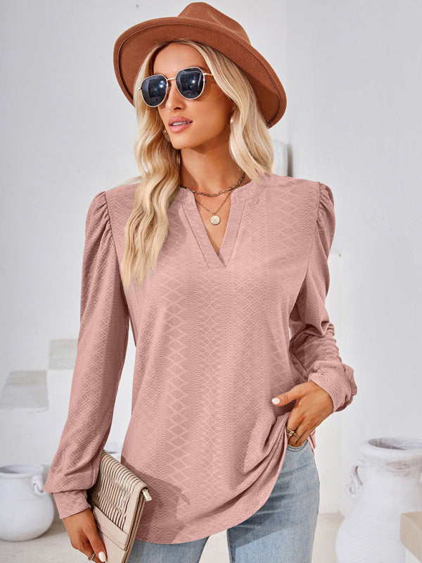 V Neck Jacquard Long Sleeve Loose T-Shirt Top Ladies