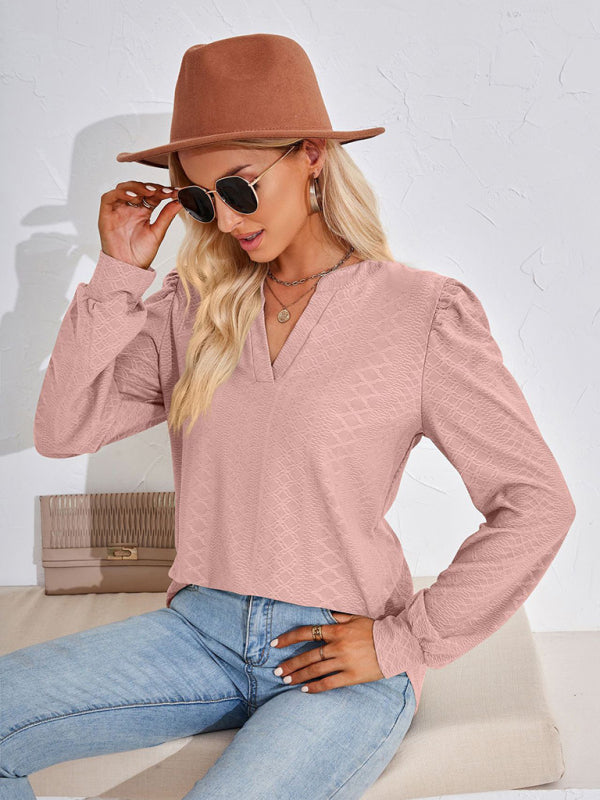 V Neck Jacquard Long Sleeve Loose T-Shirt Top Ladies