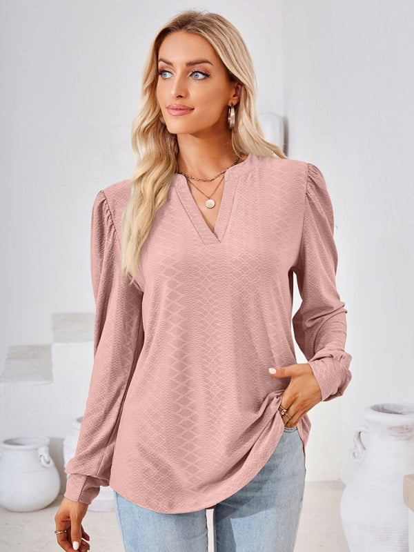 V Neck Jacquard Long Sleeve Loose T-Shirt Top Ladies