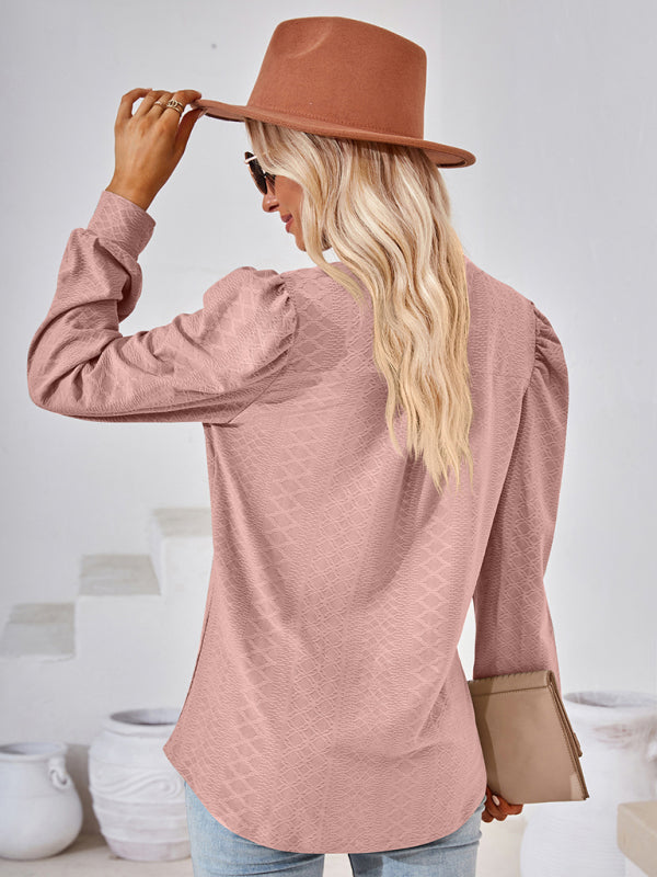 V Neck Jacquard Long Sleeve Loose T-Shirt Top Ladies