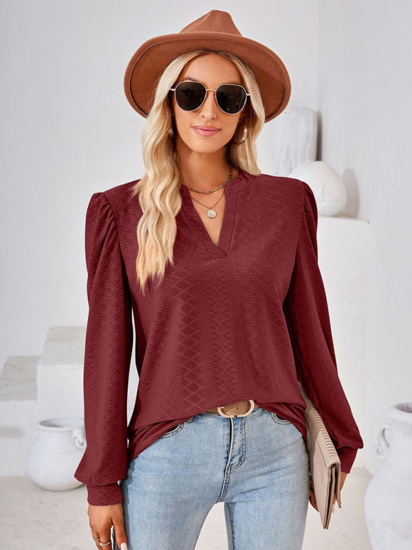 V Neck Jacquard Long Sleeve Loose T-Shirt Top Ladies