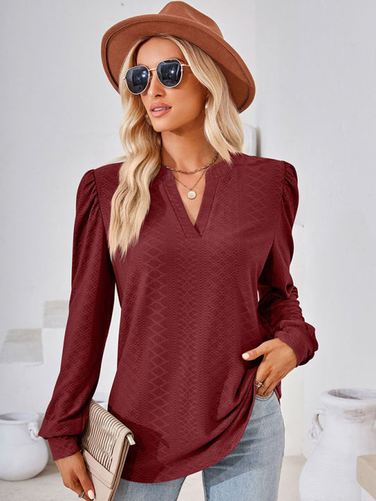 V Neck Jacquard Long Sleeve Loose T-Shirt Top Ladies