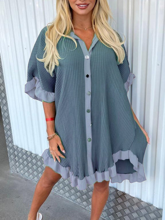 New Solid Color Shirt Dress Ruffle Sleeve Irregular Shirt Dress