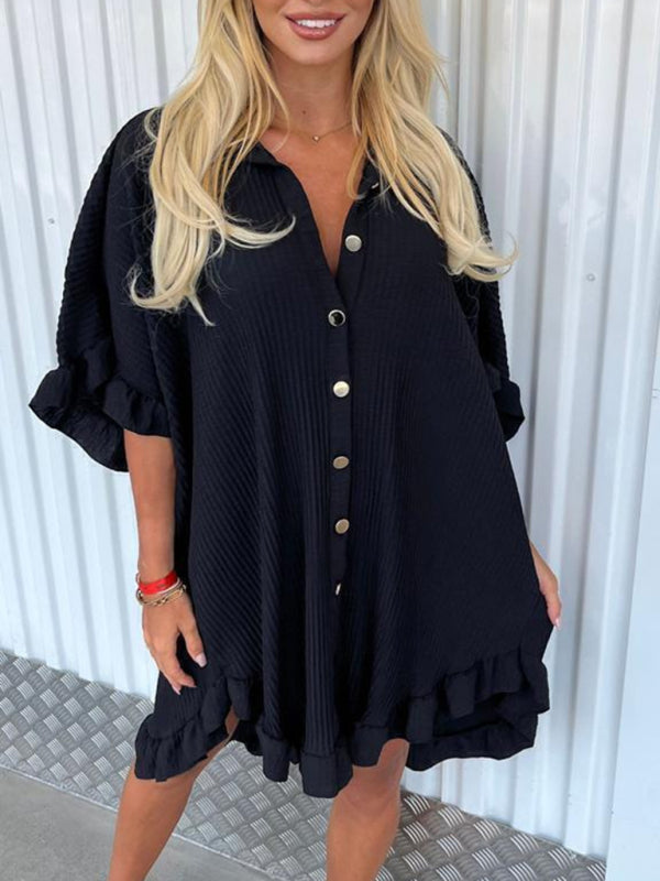 New Solid Color Shirt Dress Ruffle Sleeve Irregular Shirt Dress