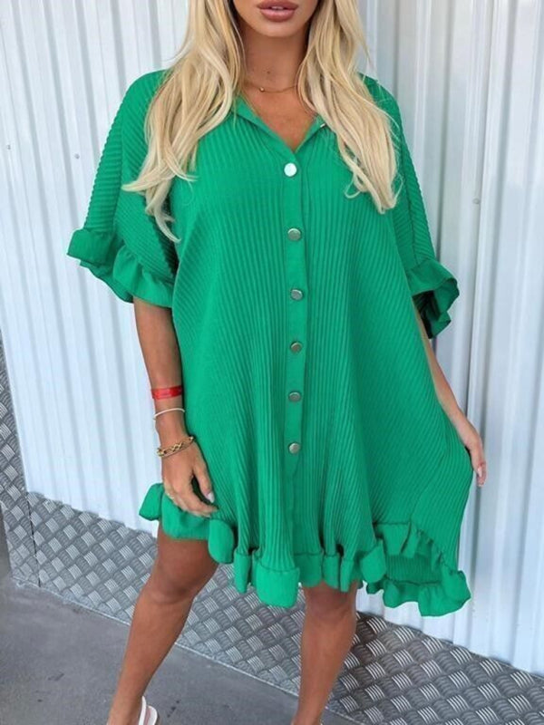 New Solid Color Shirt Dress Ruffle Sleeve Irregular Shirt Dress