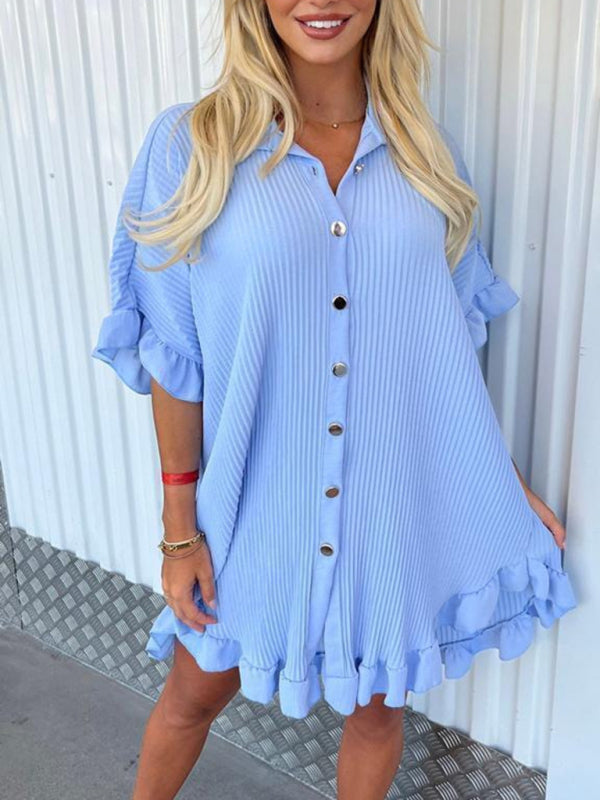 New Solid Color Shirt Dress Ruffle Sleeve Irregular Shirt Dress