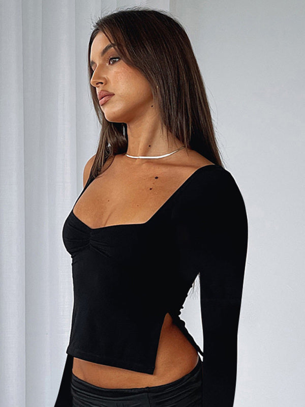 New Solid Color Square Neck Long Sleeve Gathered Side Slit Top T-Shirt